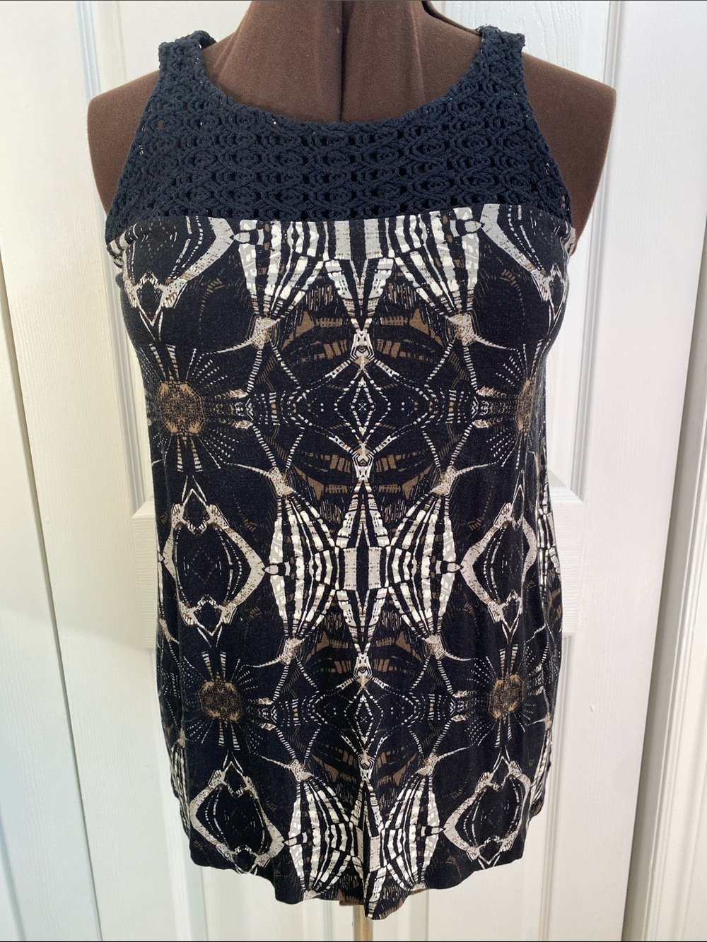 2 for $25 - Addition Elle Crochet Yoke Black & Cream Patterned Tank, 1X Plus